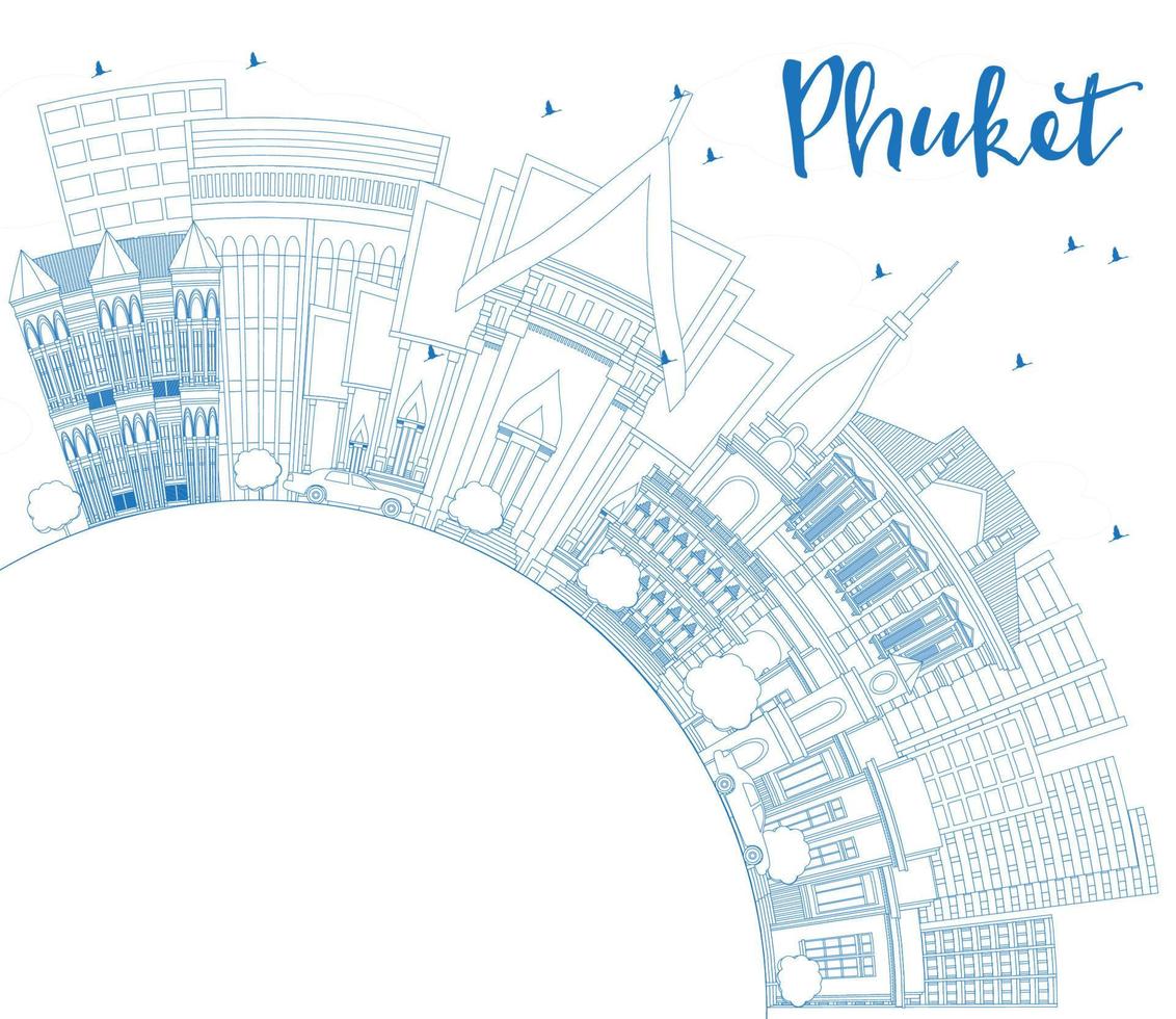 Outline Phuket Thailand City Skyline with Blue Buildings and Copy Space. vector