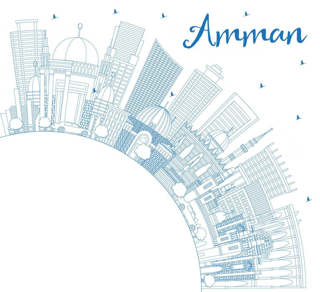 Outline Amman Jordan Skyline with Blue Buildings and Copy Space. vector