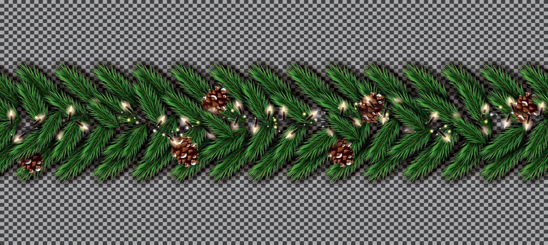 Christmas Tree Fir Border with Garland and Cone on Transparent Background. vector