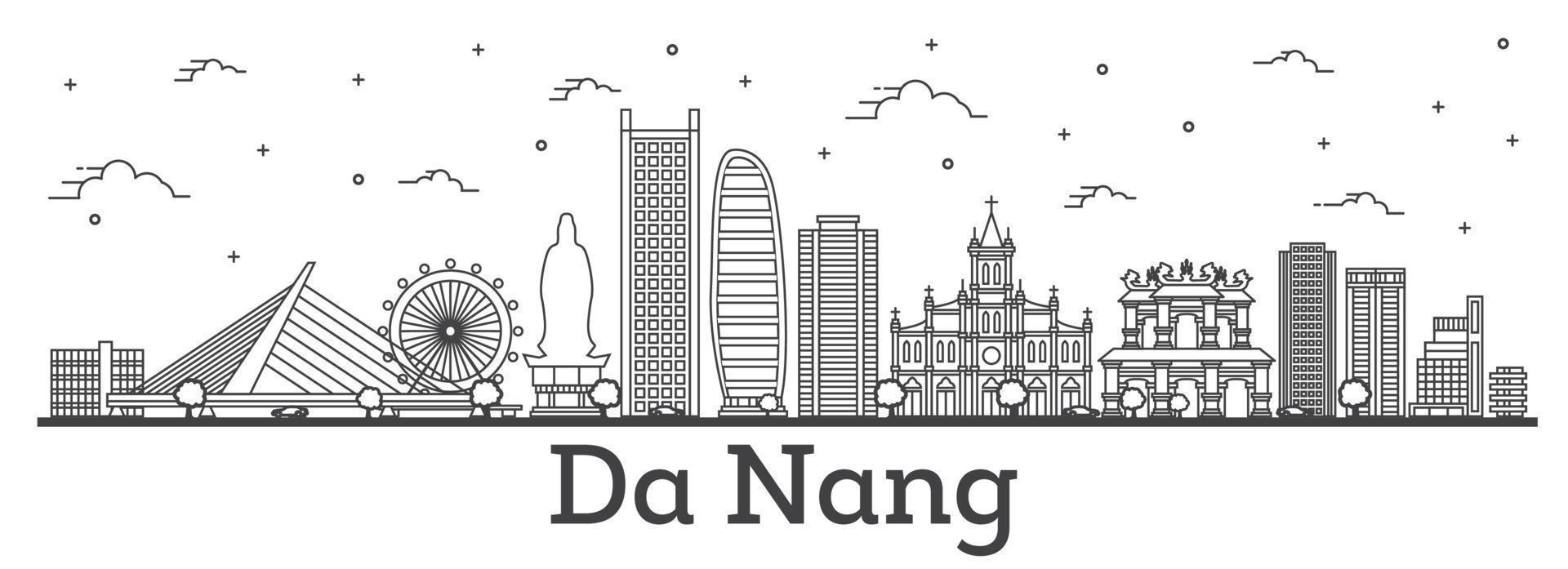 Outline Da Nang Vietnam City Skyline with Historic Buildings Isolated on White. vector