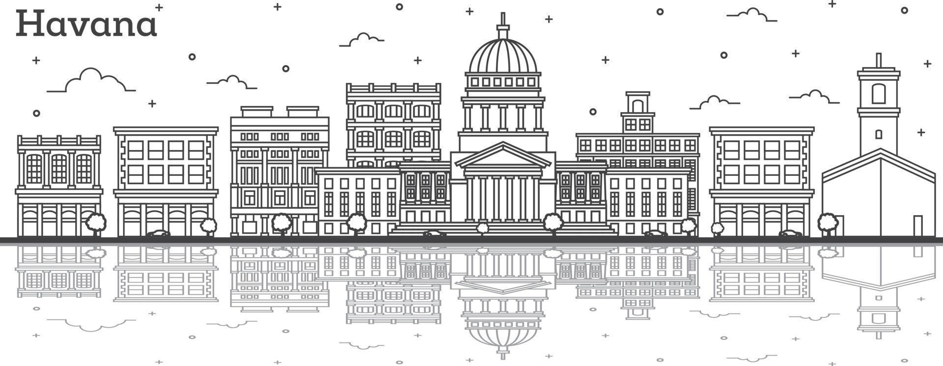 delinear el horizonte de la ciudad de la habana cuba con edificios históricos y reflejos aislados en blanco. vector