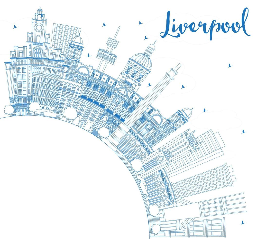 esbozar el horizonte de liverpool inglaterra con edificios azules y espacio de copia. vector