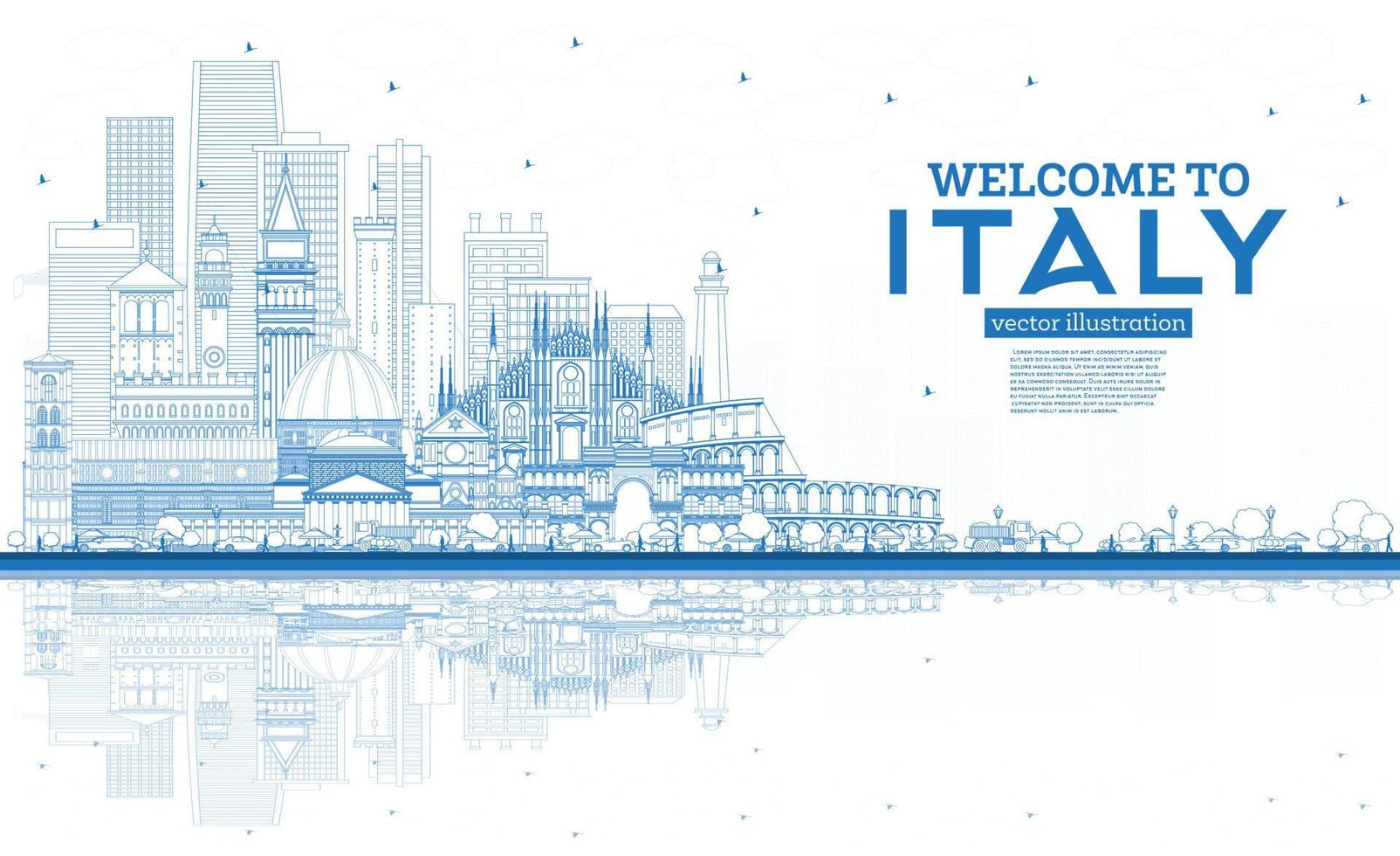 esquema bienvenido al horizonte de la ciudad de italia con edificios azules y reflejos. vector