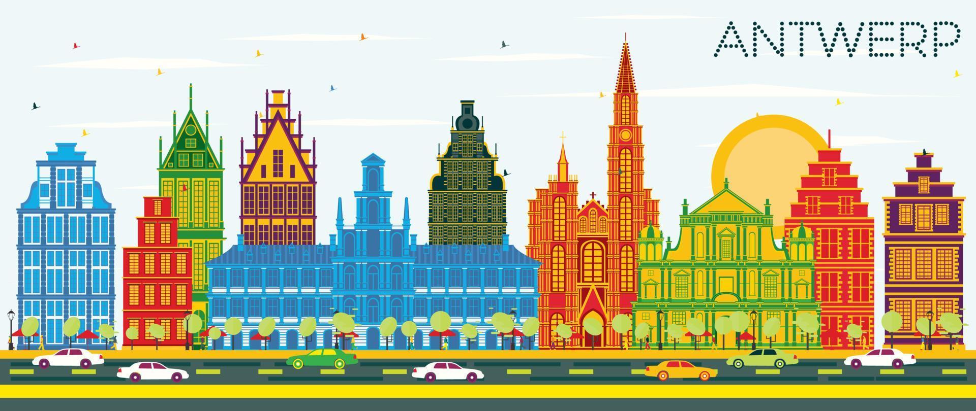 Antwerp Belgium City Skyline with Color Buildings and Blue Sky. vector