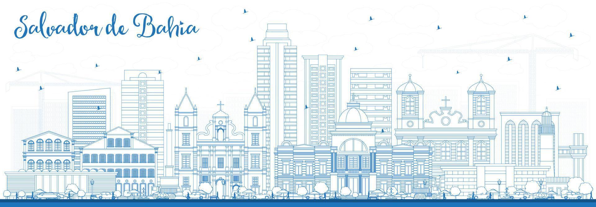 Outline Salvador de Bahia City Skyline with Blue Buildings. vector