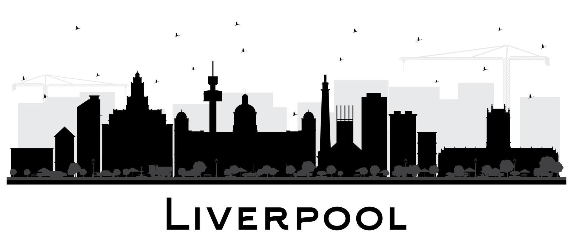 Liverpool City Skyline Silhouette with Black Buildings Isolated on White. vector