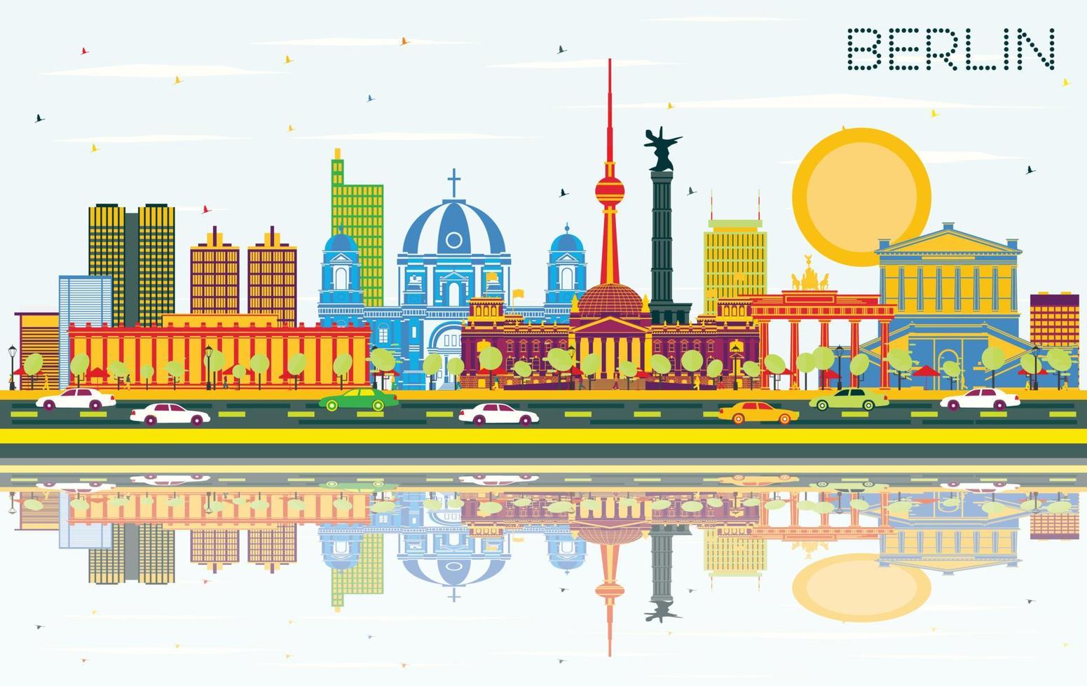 Berlin Germany City Skyline with Color Buildings, Blue Sky and Reflections. vector