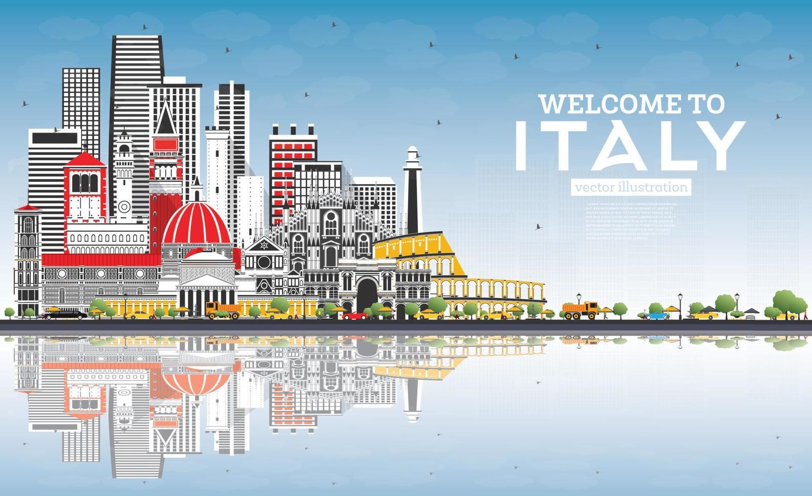 Welcome to Italy City Skyline with Gray Buildings, Blue Sky and Reflections. vector