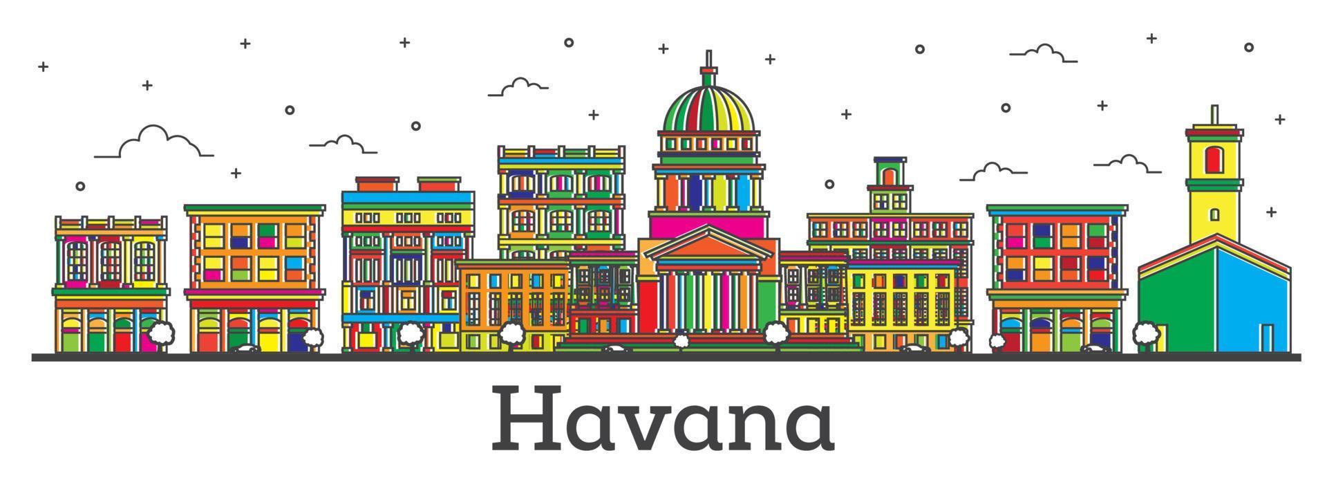 delinear el horizonte de la ciudad de la habana cuba con edificios de color aislados en blanco. vector