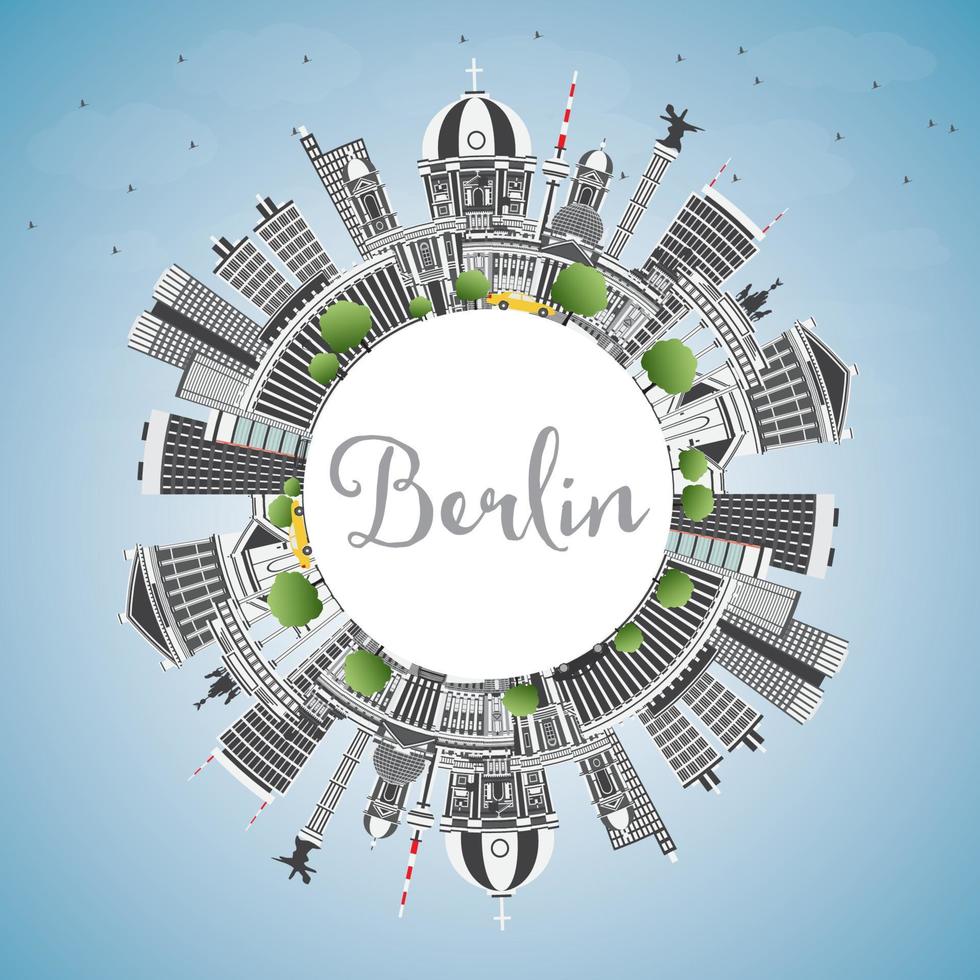 el horizonte de la ciudad de berlín, alemania, con edificios grises, cielo azul y espacio para copiar. vector