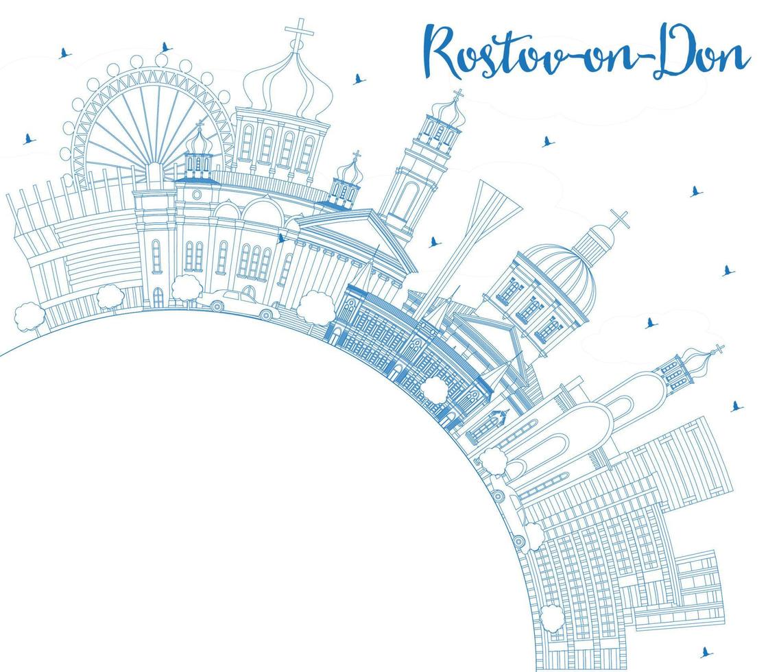 Outline Rostov-on-Don Russia City Skyline with Blue Buildings and Copy Space. vector