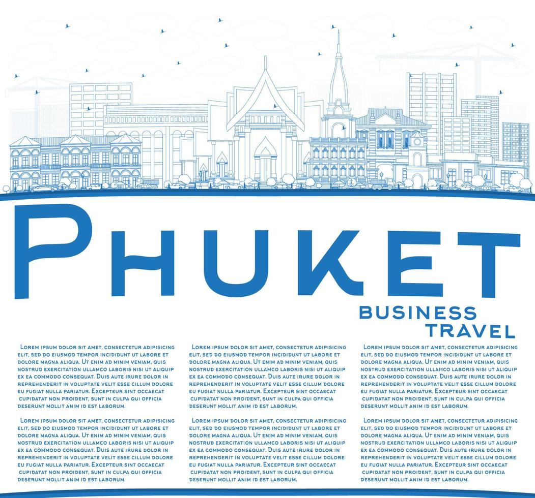 Outline Phuket Thailand City Skyline with Blue Buildings and Copy Space. vector