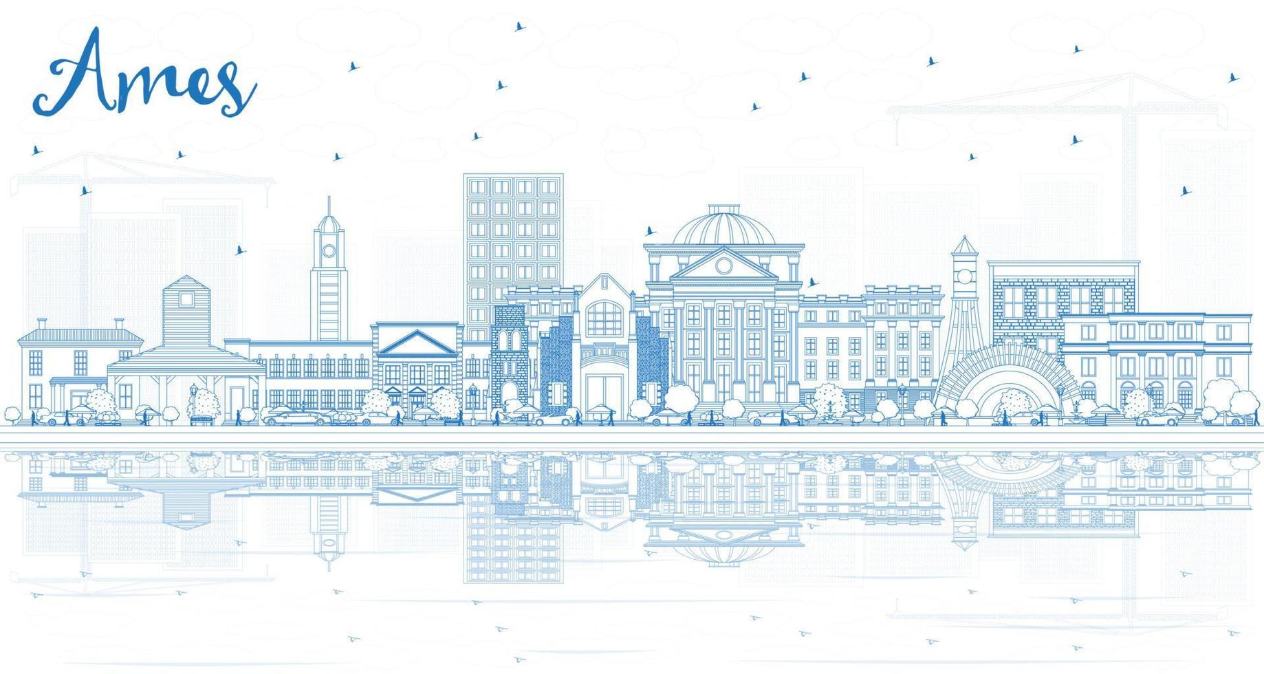 delinear el horizonte de ames iowa con edificios azules y reflejos. vector