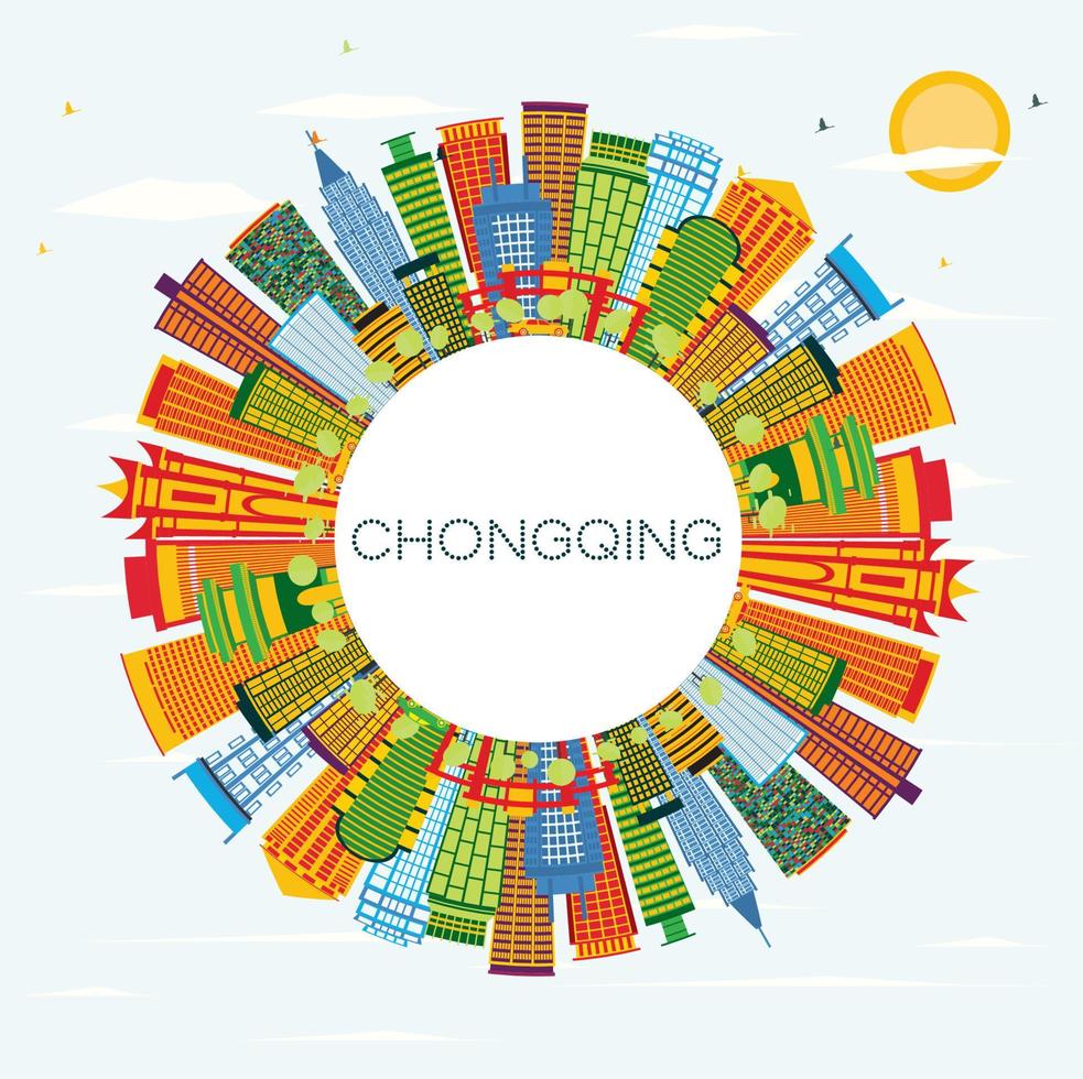 Chongqing China City Skyline with Color Buildings, Blue Sky and Copy Space. vector