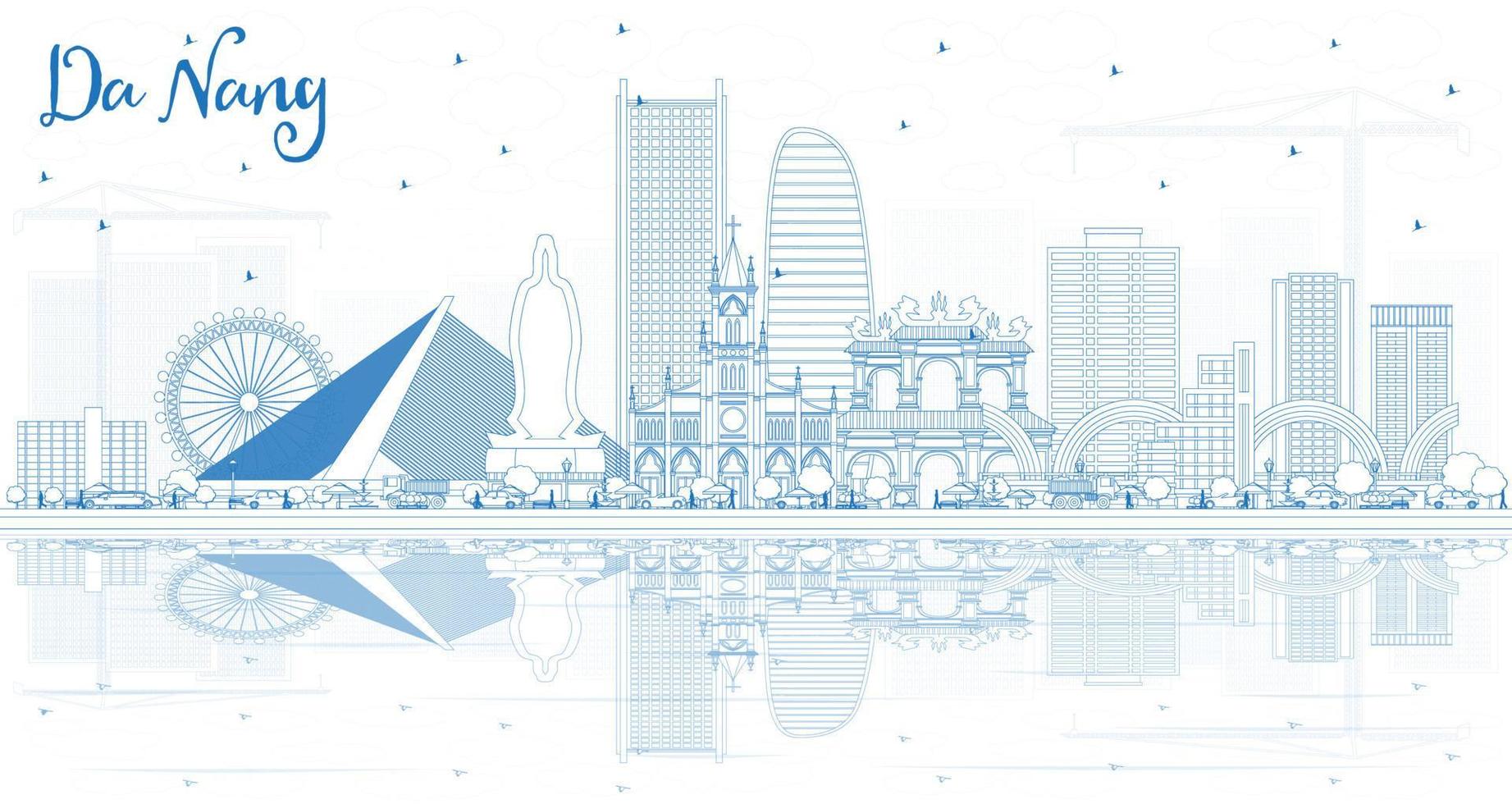 Outline Da Nang Vietnam City Skyline with Blue Buildings and Reflections. vector