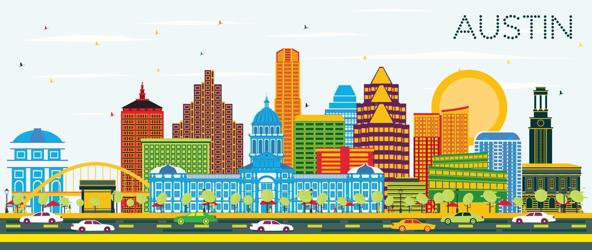 Austin Texas Skyline with Color Buildings and Blue Sky. vector