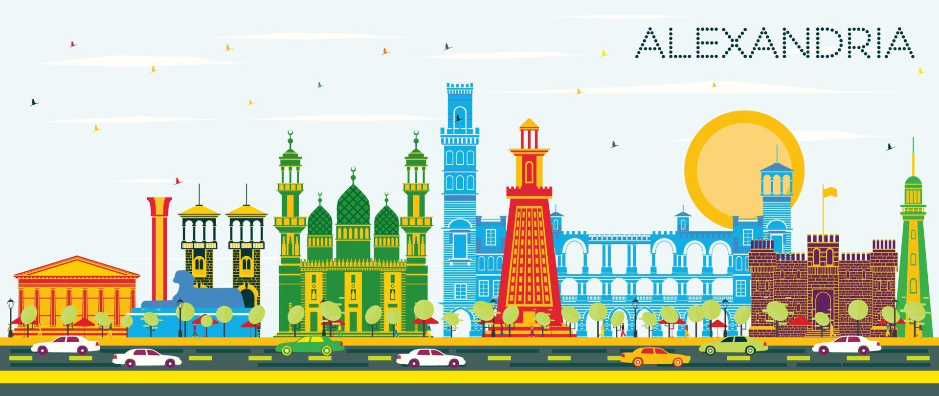 Alexandria Egypt City Skyline with Color Buildings and Blue Sky. vector