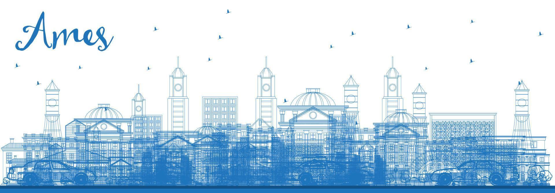 Outline Ames Iowa Skyline with Blue Buildings. vector