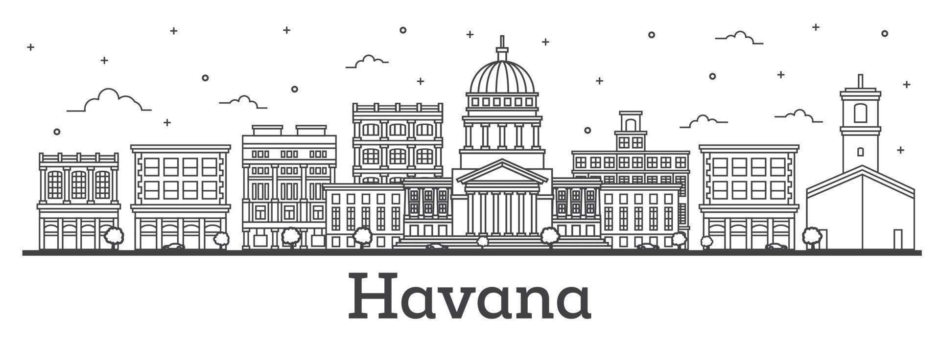 delinear el horizonte de la ciudad de la habana cuba con edificios históricos aislados en blanco. vector