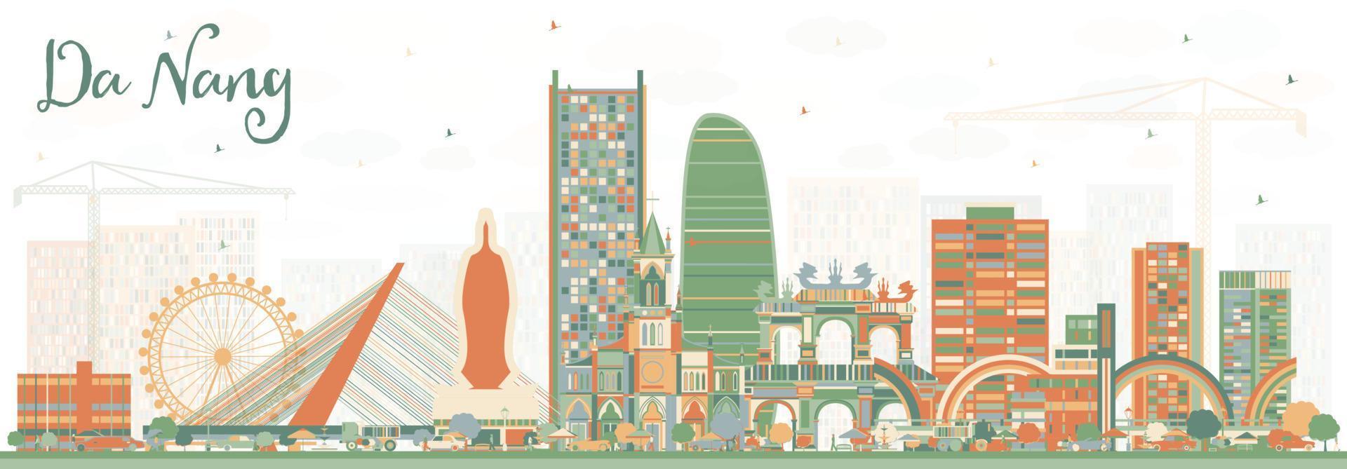 Da Nang Vietnam City Skyline with Color Buildings. vector