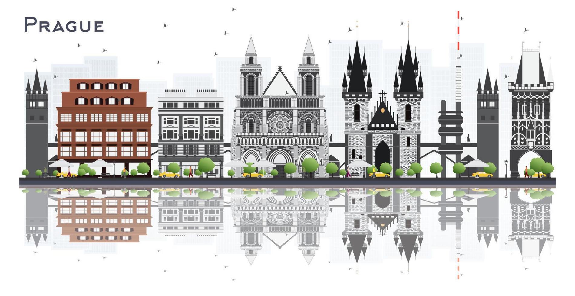 Prague Czech Republic City Skyline with Gray Buildings Isolated on White Background. vector