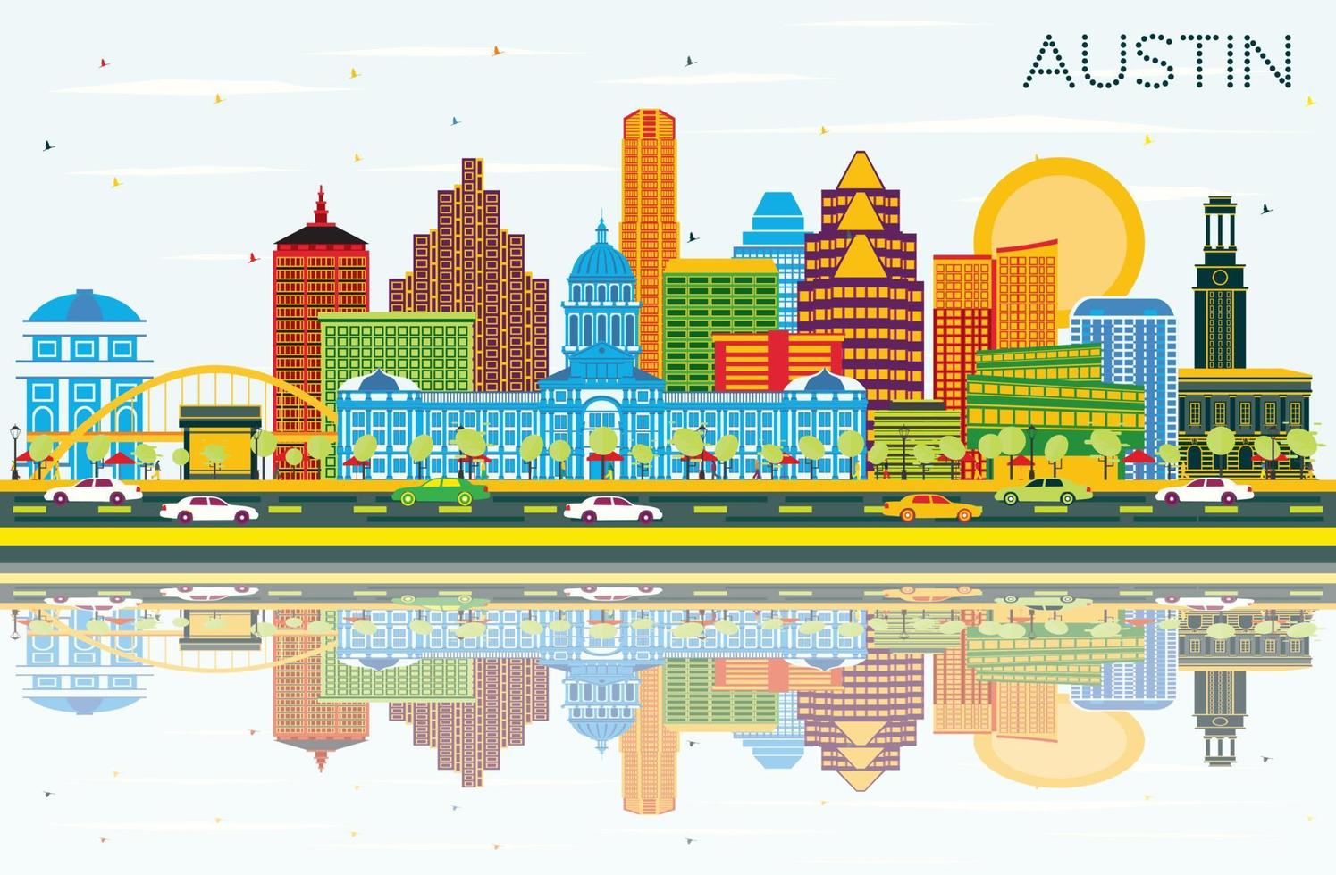 horizonte de austin texas con edificios de color, cielo azul y reflejos. vector