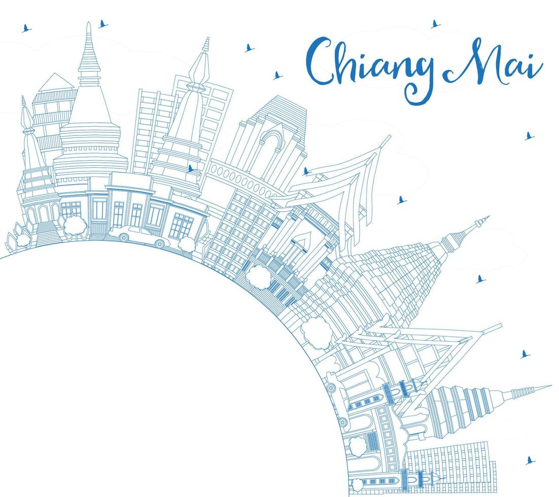 Outline Chiang Mai Thailand City Skyline with Blue Buildings and Copy Space. vector