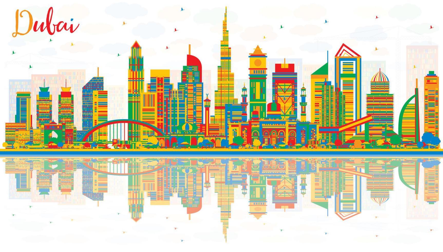 Abstract Dubai UAE City Skyline with Color Buildings and Reflections. vector