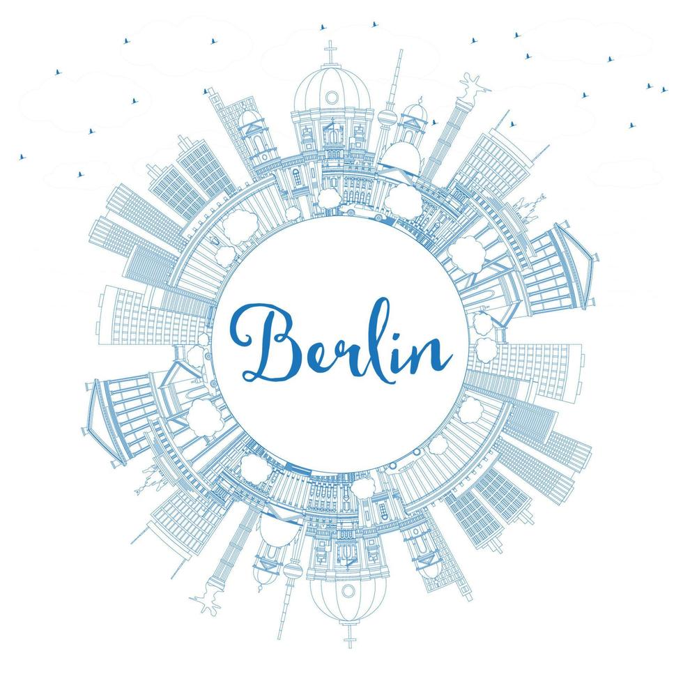 Outline Berlin Germany City Skyline with Blue Buildings and Copy Space. vector