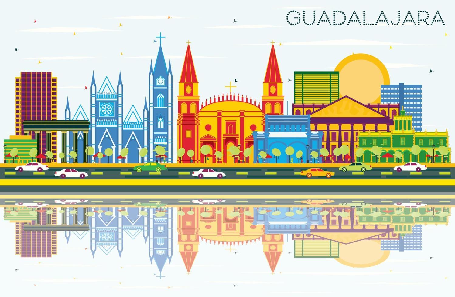 Guadalajara Mexico Skyline with Color Buildings, Blue Sky and Reflections. vector