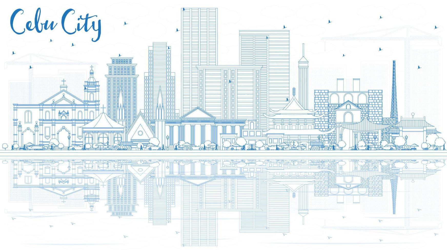 Outline Cebu City Philippines Skyline with Blue Buildings and Reflections. vector