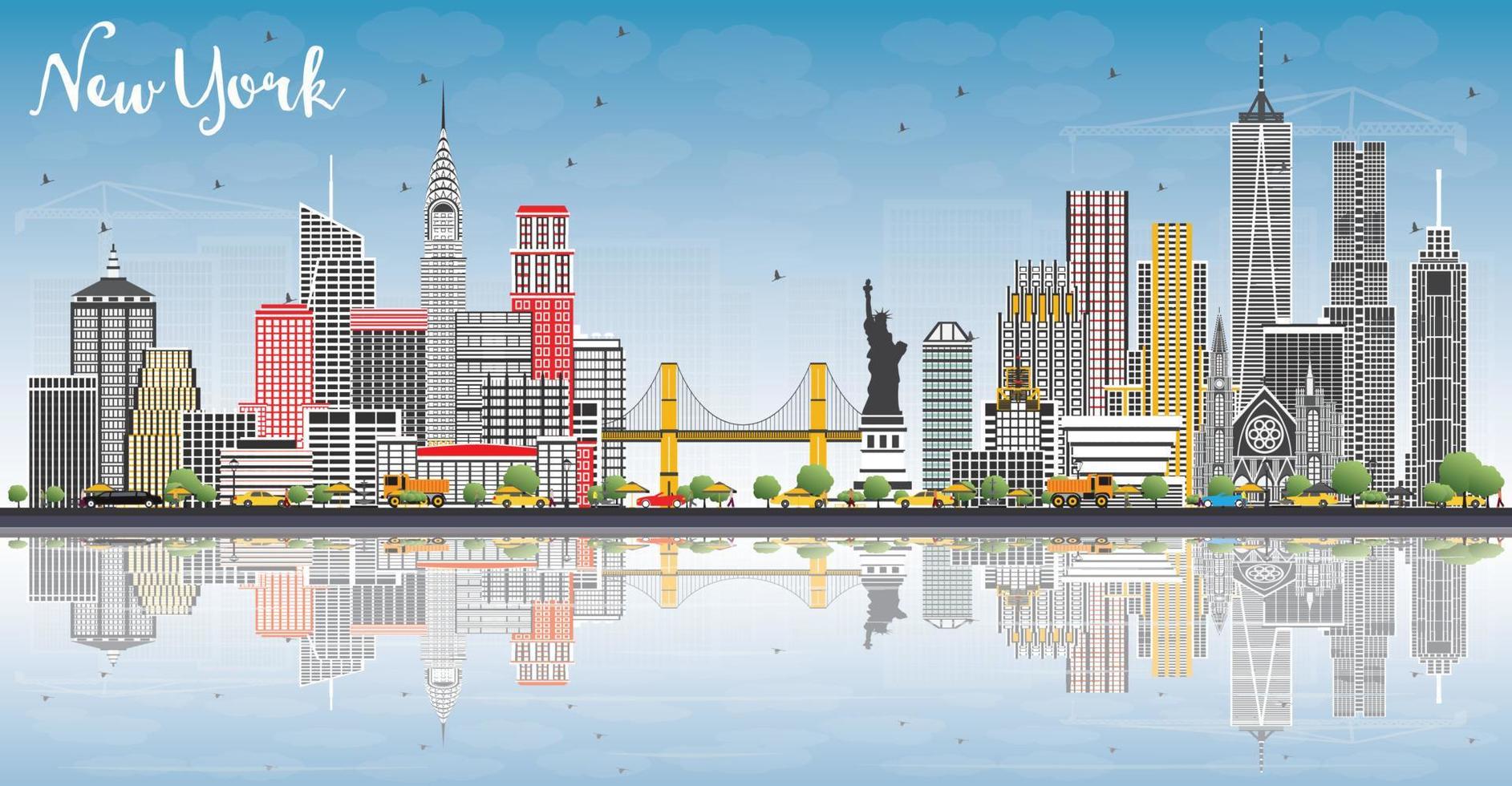 New York USA City Skyline with Gray Buildings, Blue Sky and Reflections. vector