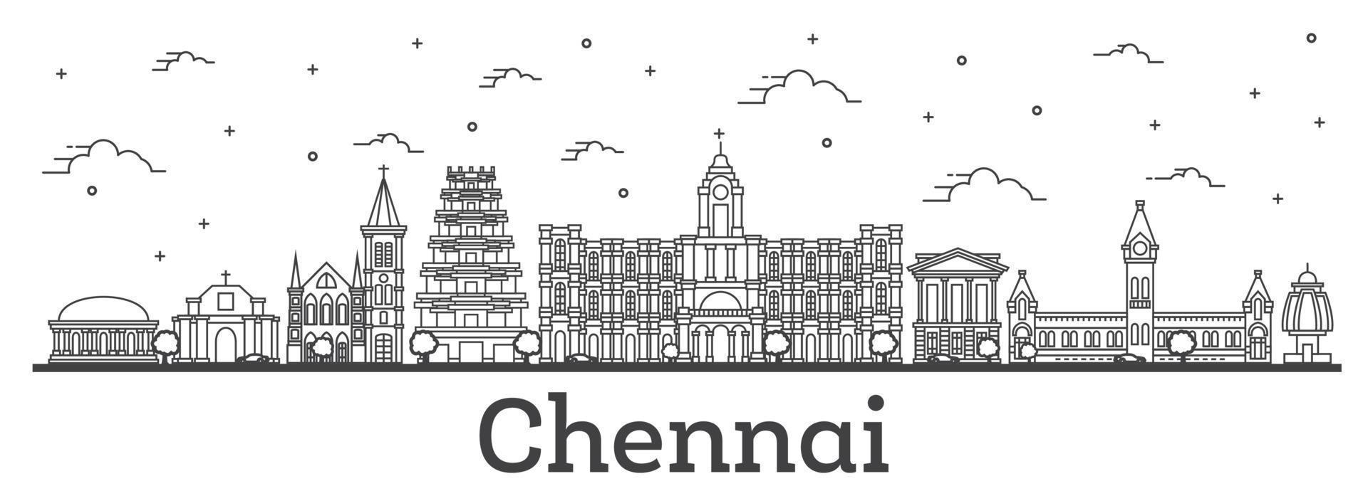 delinear el horizonte de la ciudad de chennai india con edificios históricos aislados en blanco. vector