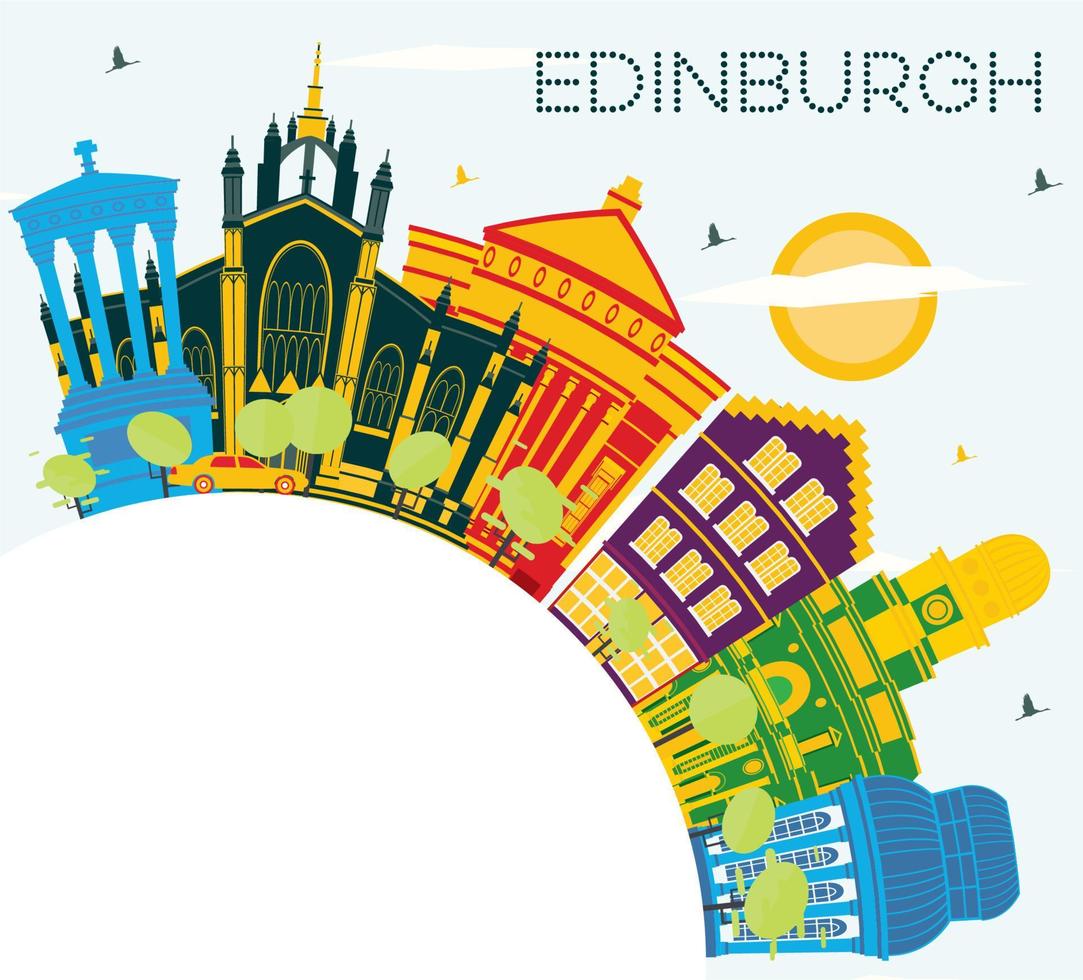 horizonte de la ciudad de edimburgo escocia con edificios de color, cielo azul y espacio de copia. vector