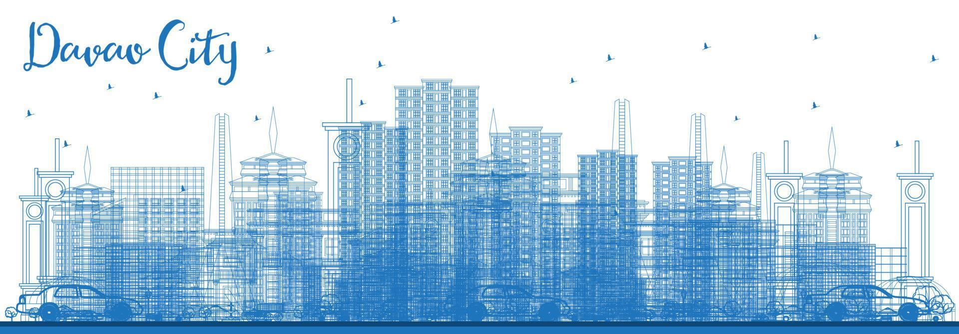 Outline Davao City Philippines Skyline with Blue Buildings. vector