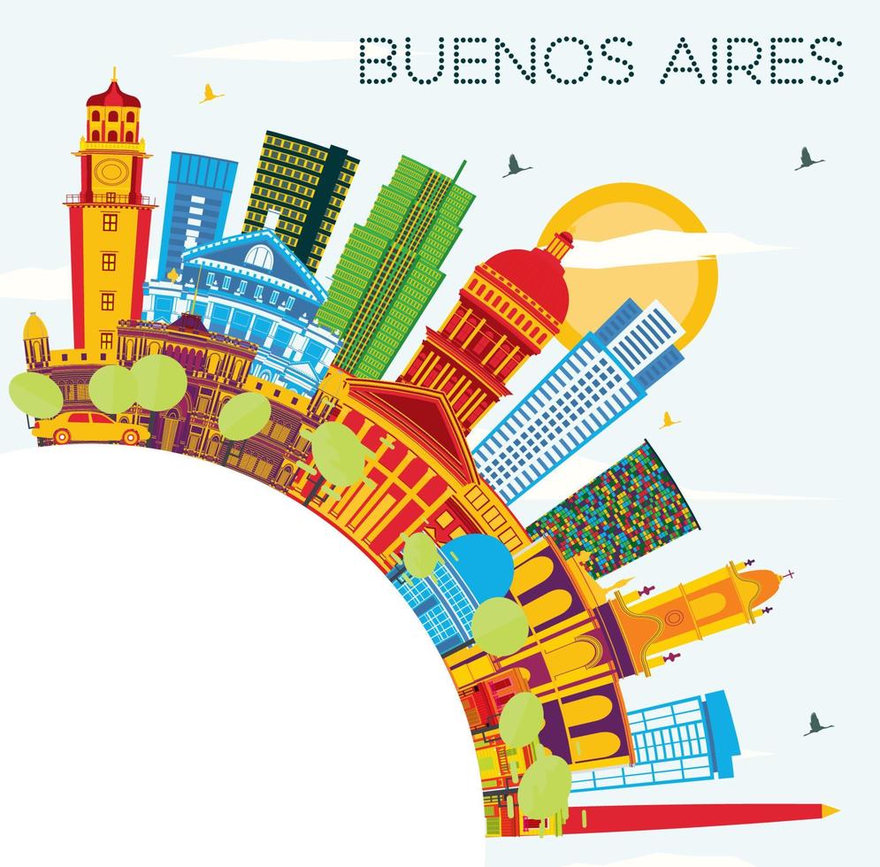 Buenos Aires Skyline with Color Landmarks, Blue Sky and Copy Space. vector