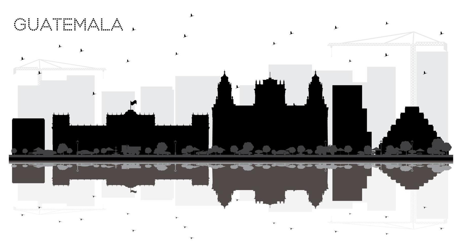 Guatemala City skyline black and white silhouette with Reflections. vector