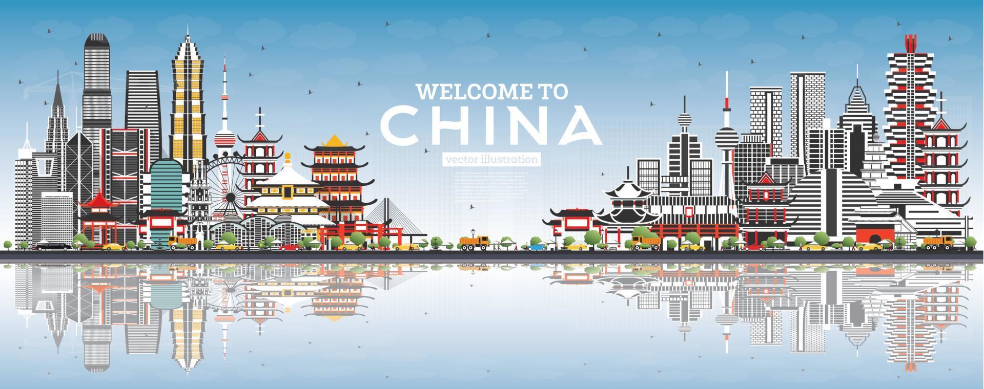 Welcome to China Skyline with Gray Buildings, Blue Sky and Reflections. vector
