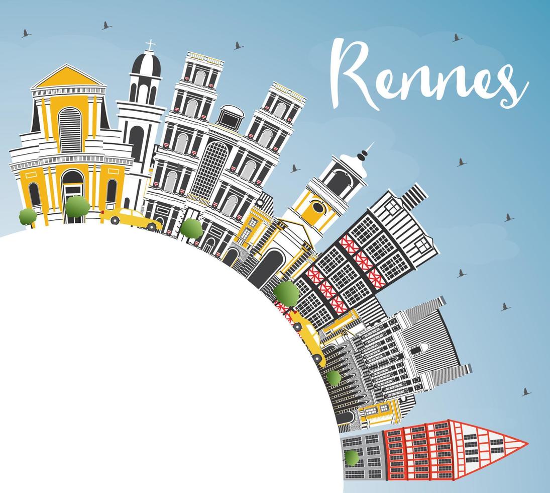 Rennes France City Skyline with Color Buildings, Blue Sky and Copy Space. vector
