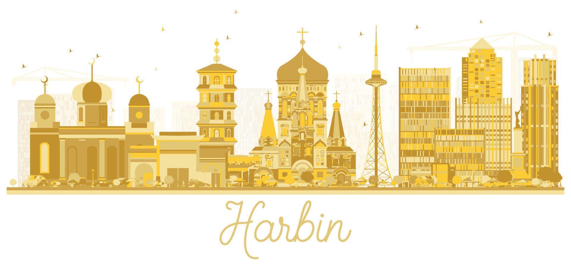 silueta dorada del horizonte de la ciudad de harbin china. vector