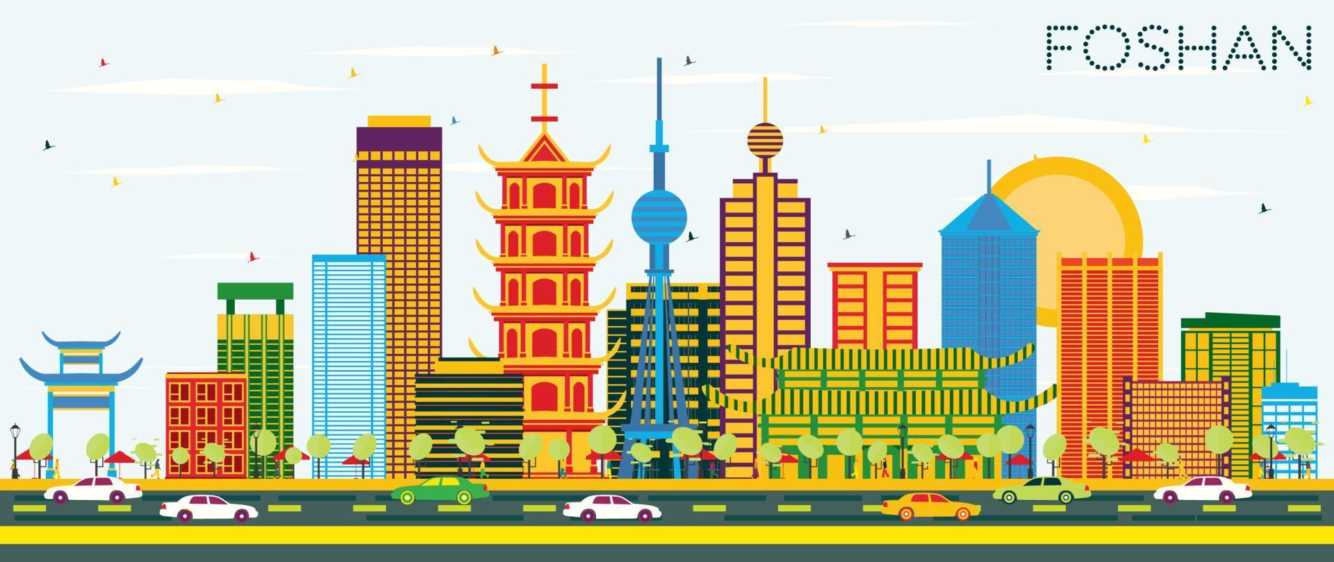 Foshan China Skyline with Color Buildings and Blue Sky. vector