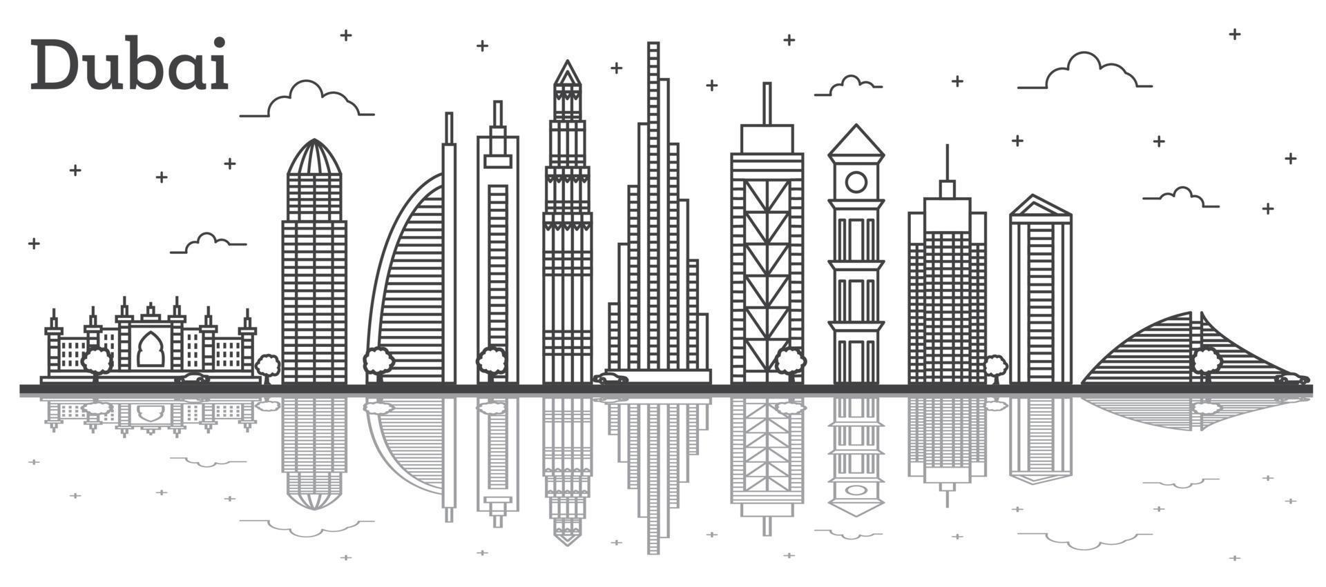 Outline Dubai UAE City Skyline with Modern Buildings and Reflections Isolated on White. vector