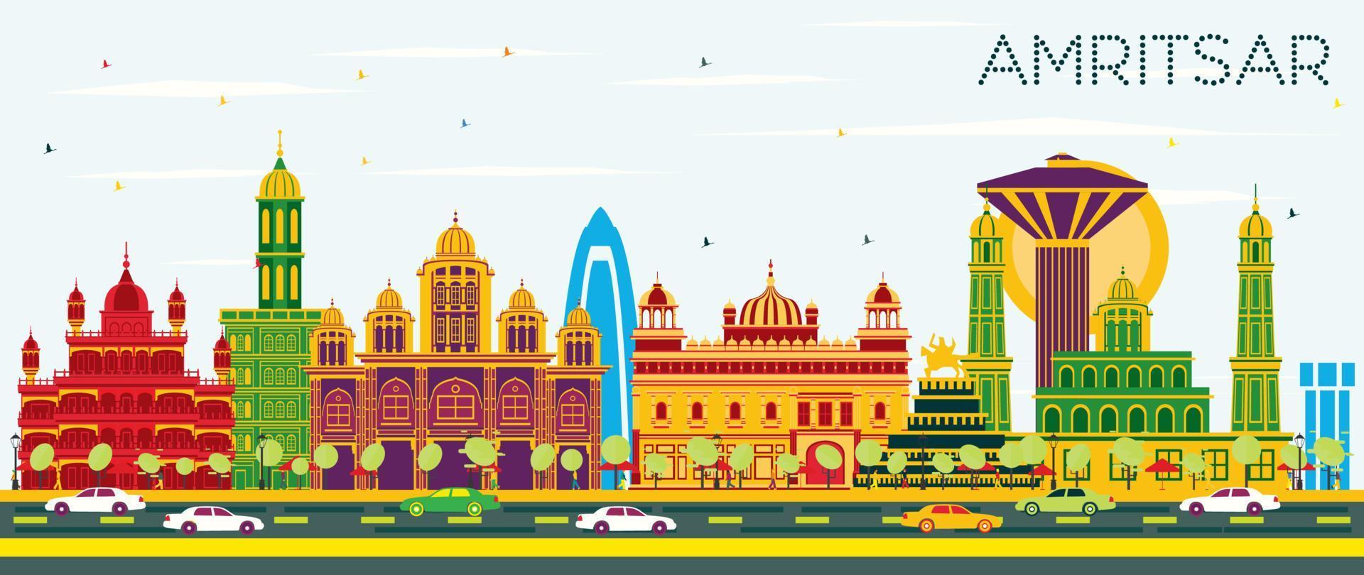 Amritsar India City Skyline with Color Buildings and Blue Sky. vector