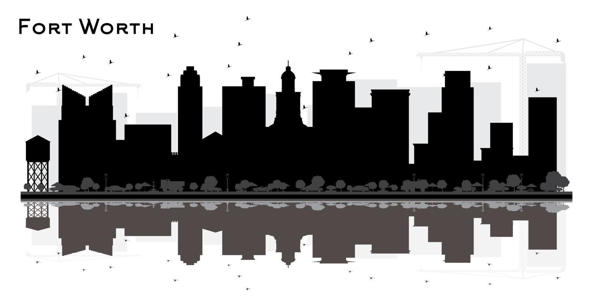 Fort Worth Texas City Skyline Silhouette with Black Buildings and Reflections. vector