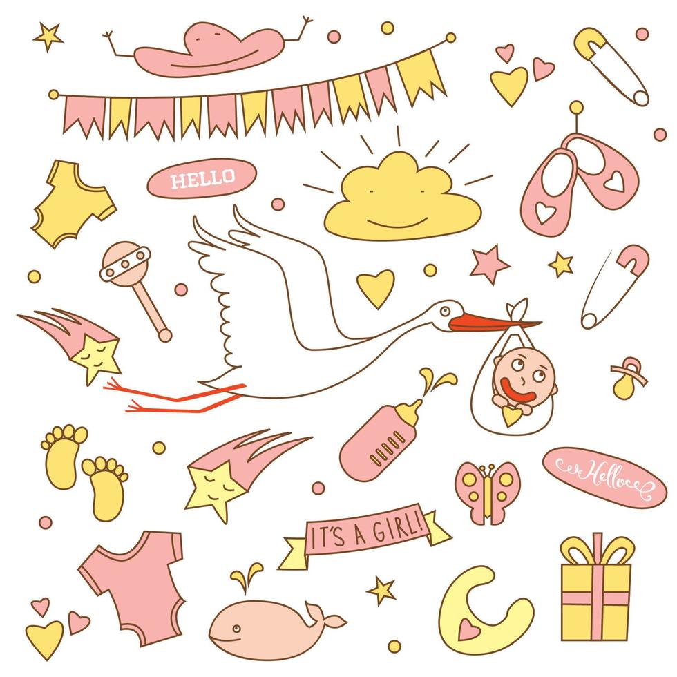 Baby Shower Girl Set with Stork. vector