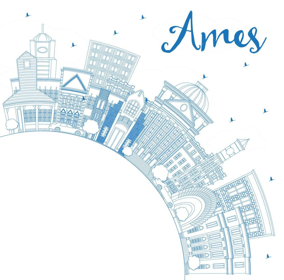 Outline Ames Iowa Skyline with Blue Buildings and Copy Space. vector