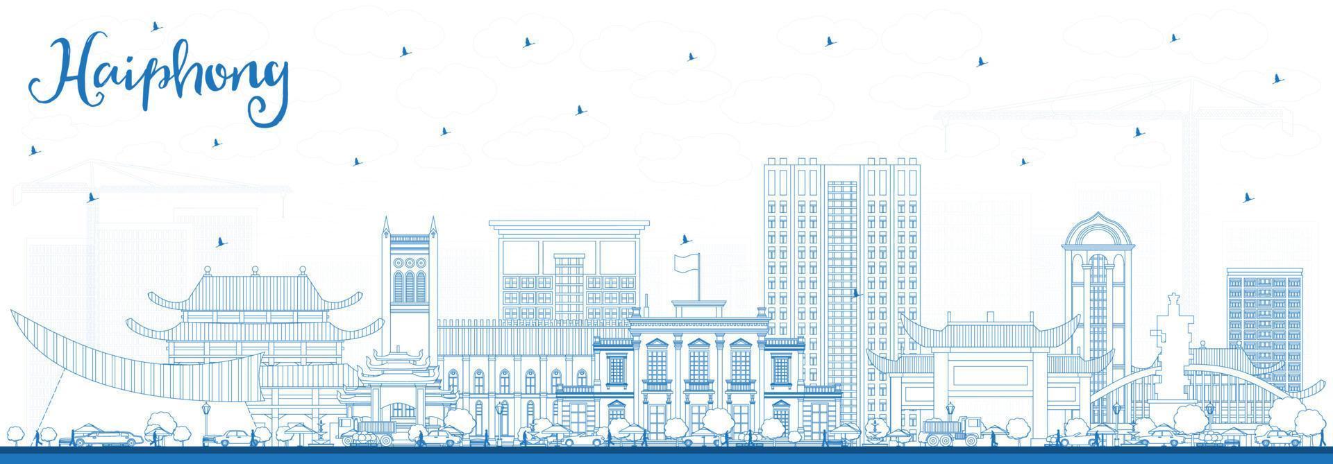 Outline Haiphong Vietnam City Skyline with Blue Buildings. vector