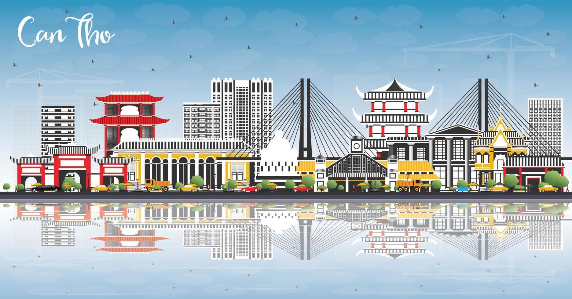 can tho horizonte de la ciudad de vietnam con edificios grises, cielo azul y reflejos. vector