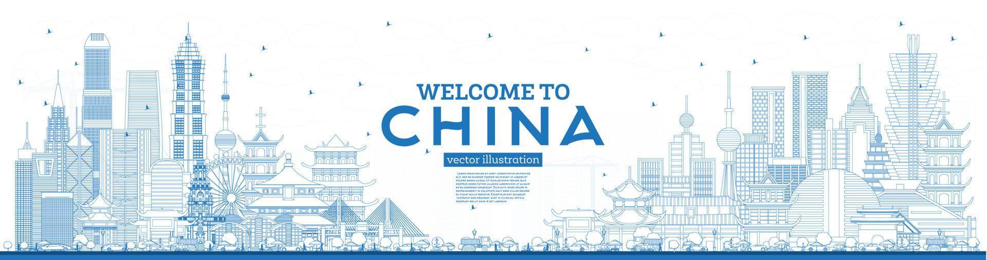 Outline Welcome to China Skyline with Blue Buildings. Famous Landmarks in China. vector