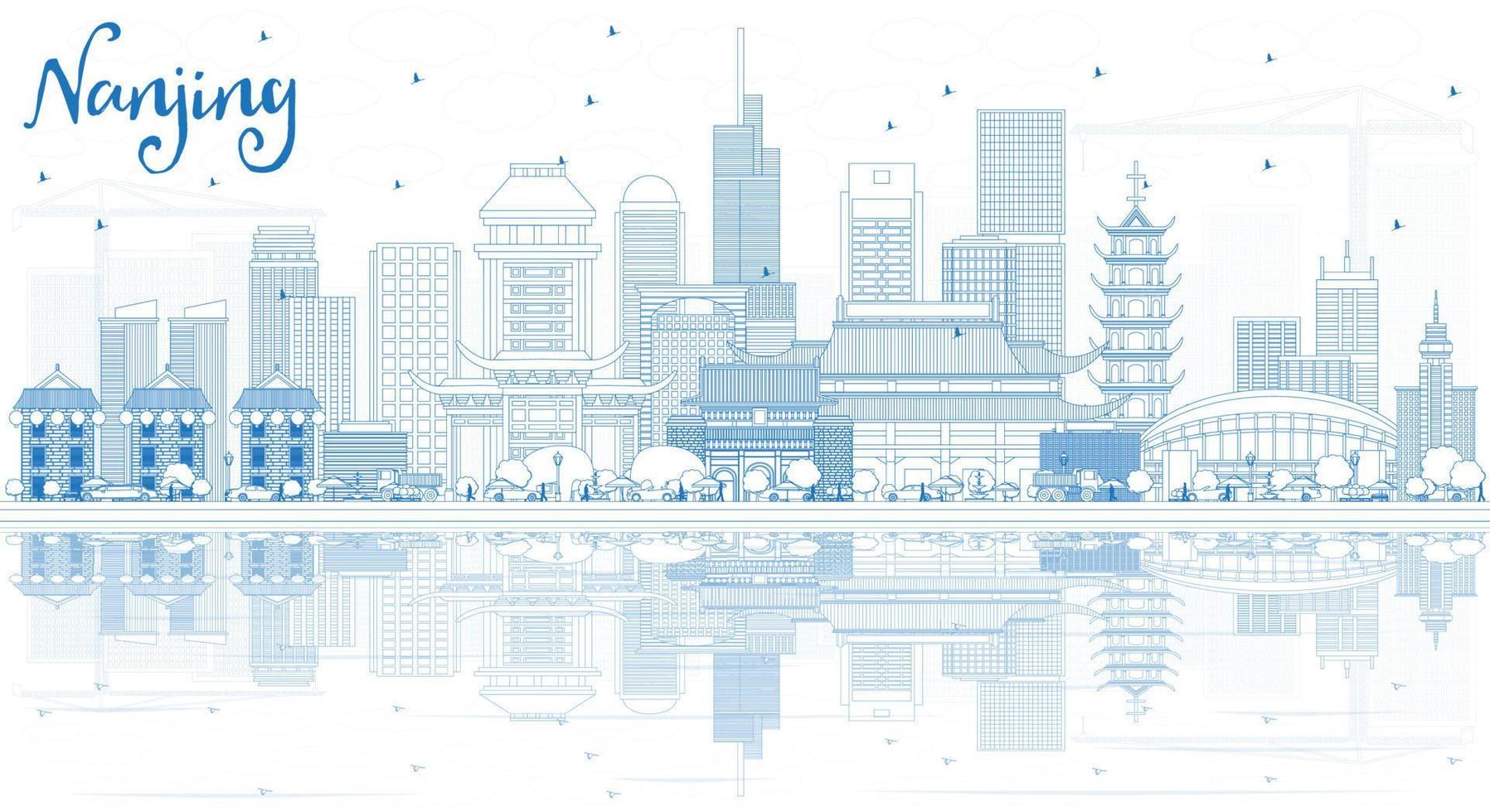 delinear el horizonte de la ciudad de nanjing china con edificios azules y reflejos. vector